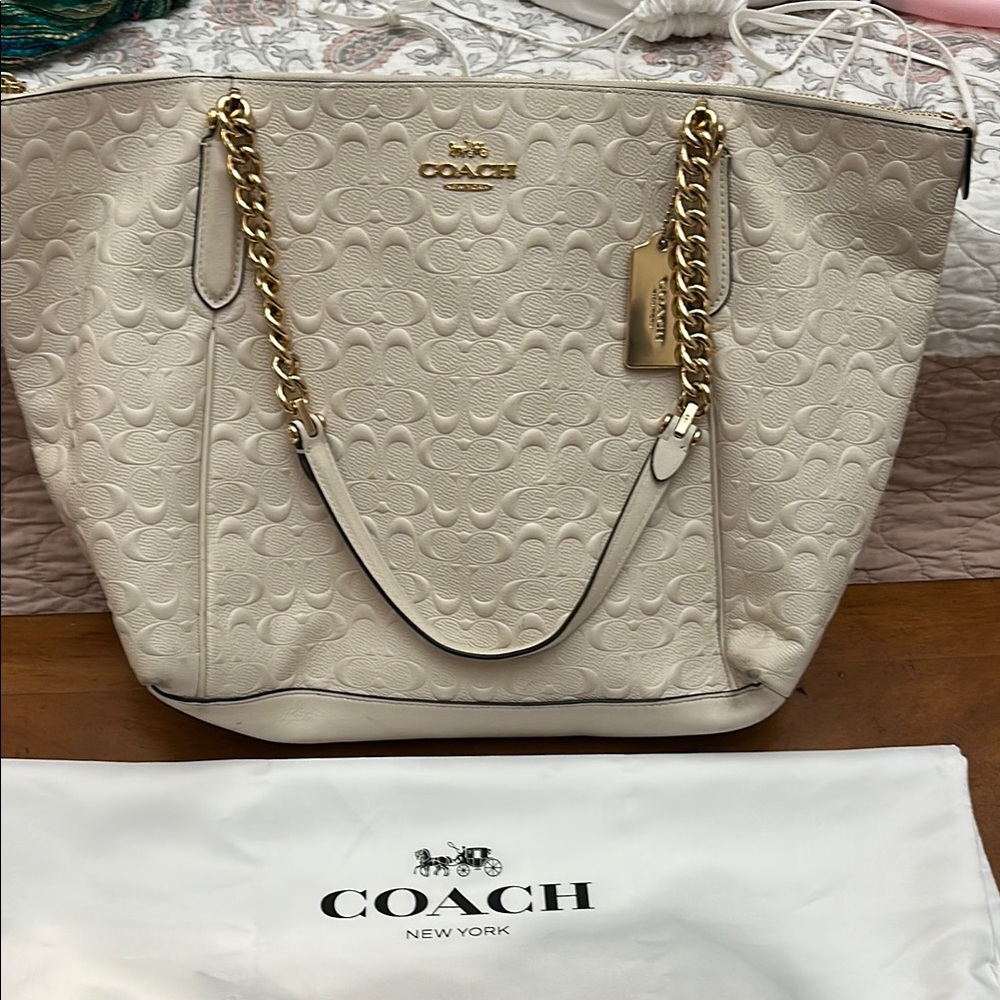 Coach Cream and Gold Embossed Leather Tote